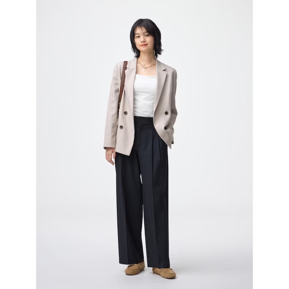 GU Navy Blue Pinstripe Pleated Wide Leg Pants High Rise Office Trousers L